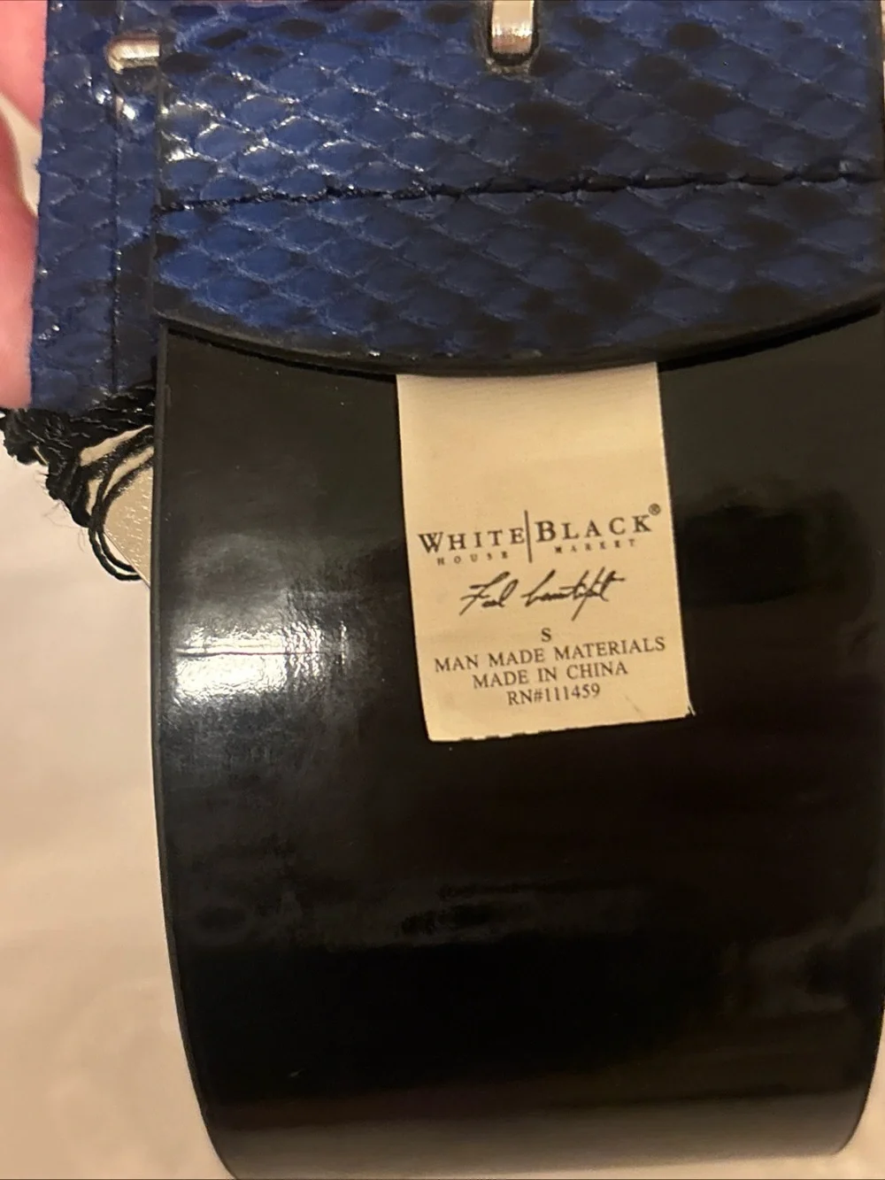 WHBM Royal BLUE Snakeskin Print/Black Patent Leather Reversible Belt Size S New
